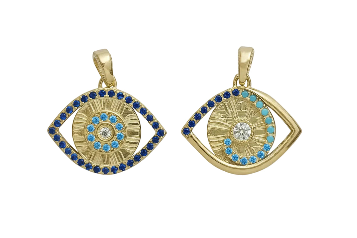 Double-Sided Konstantinato Evil Eye Amulet with White, Blue, Turquoise and Aquamarine Stones, 14K Gold
