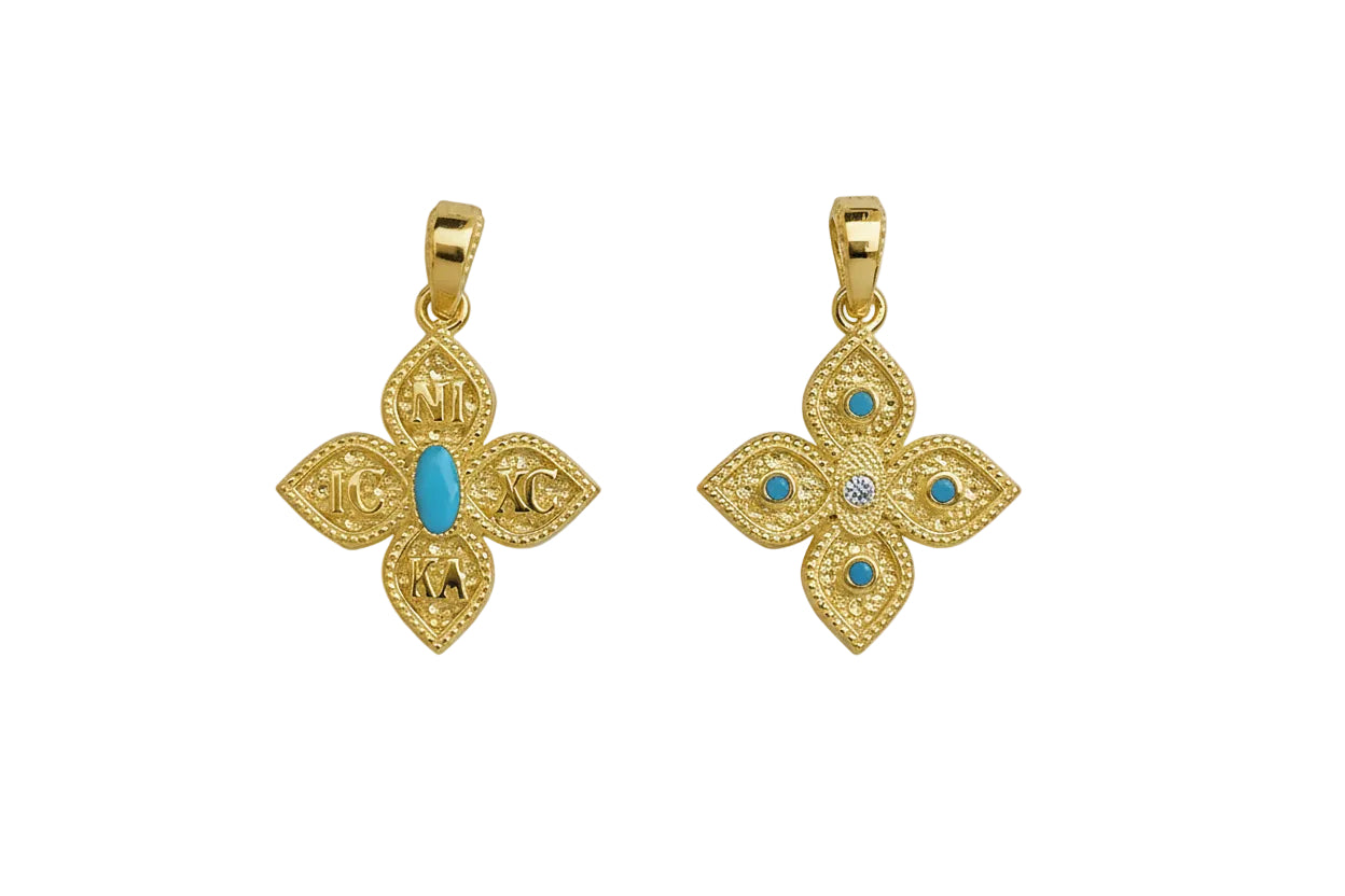 Double-Sided Clover-Shaped Konstantinato Talisman IC XC NIKA with Turquoise Stones, 14K Gold