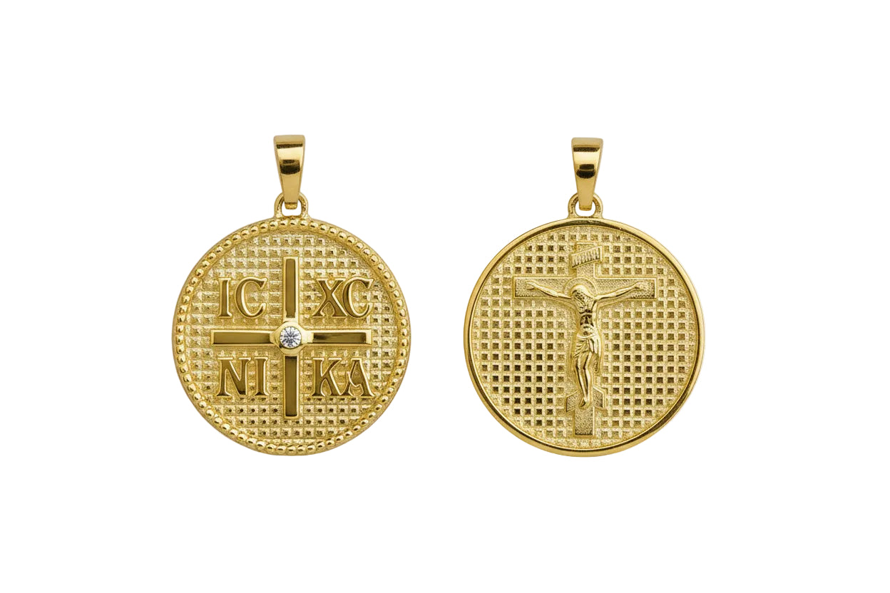 Large Round Double-Sided Konstantinato Talisman IC XC NIKA with White Zircon, 14K Gold