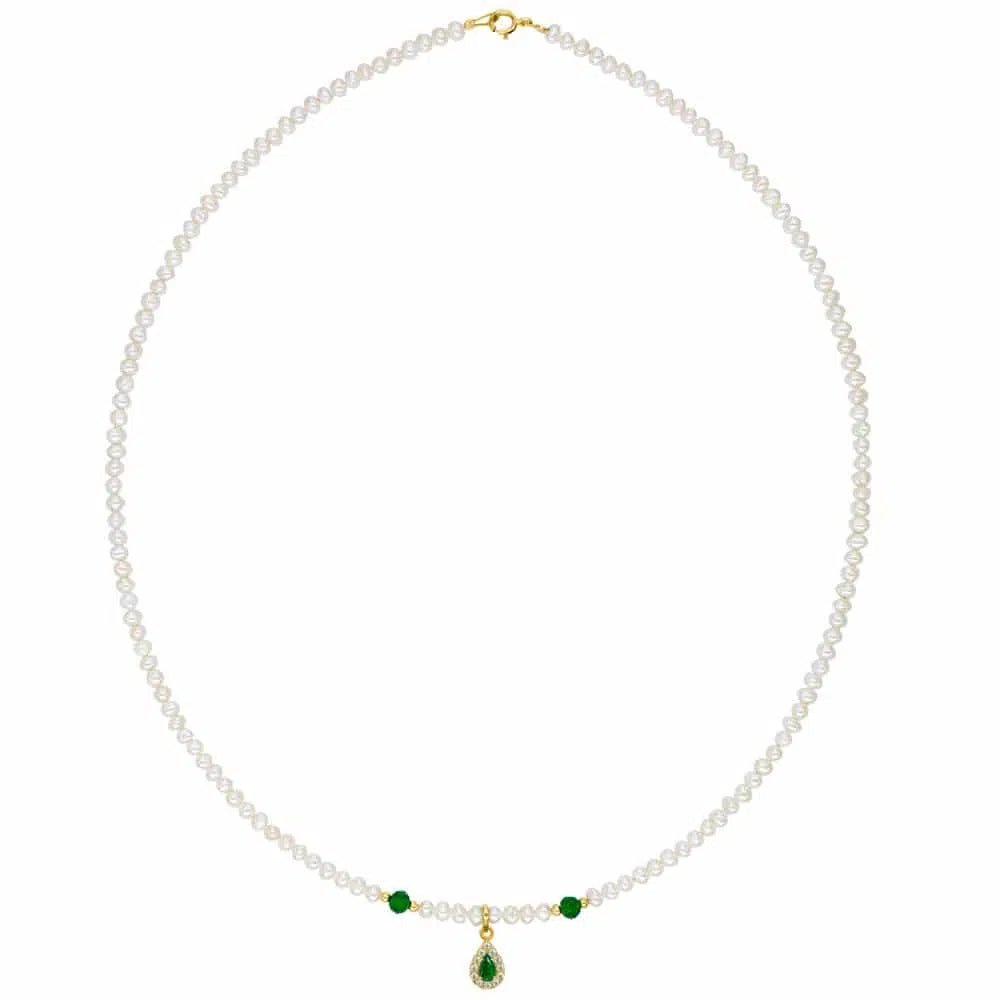 Necklace with Pearls and Green Stone Rosette, 14K Gold