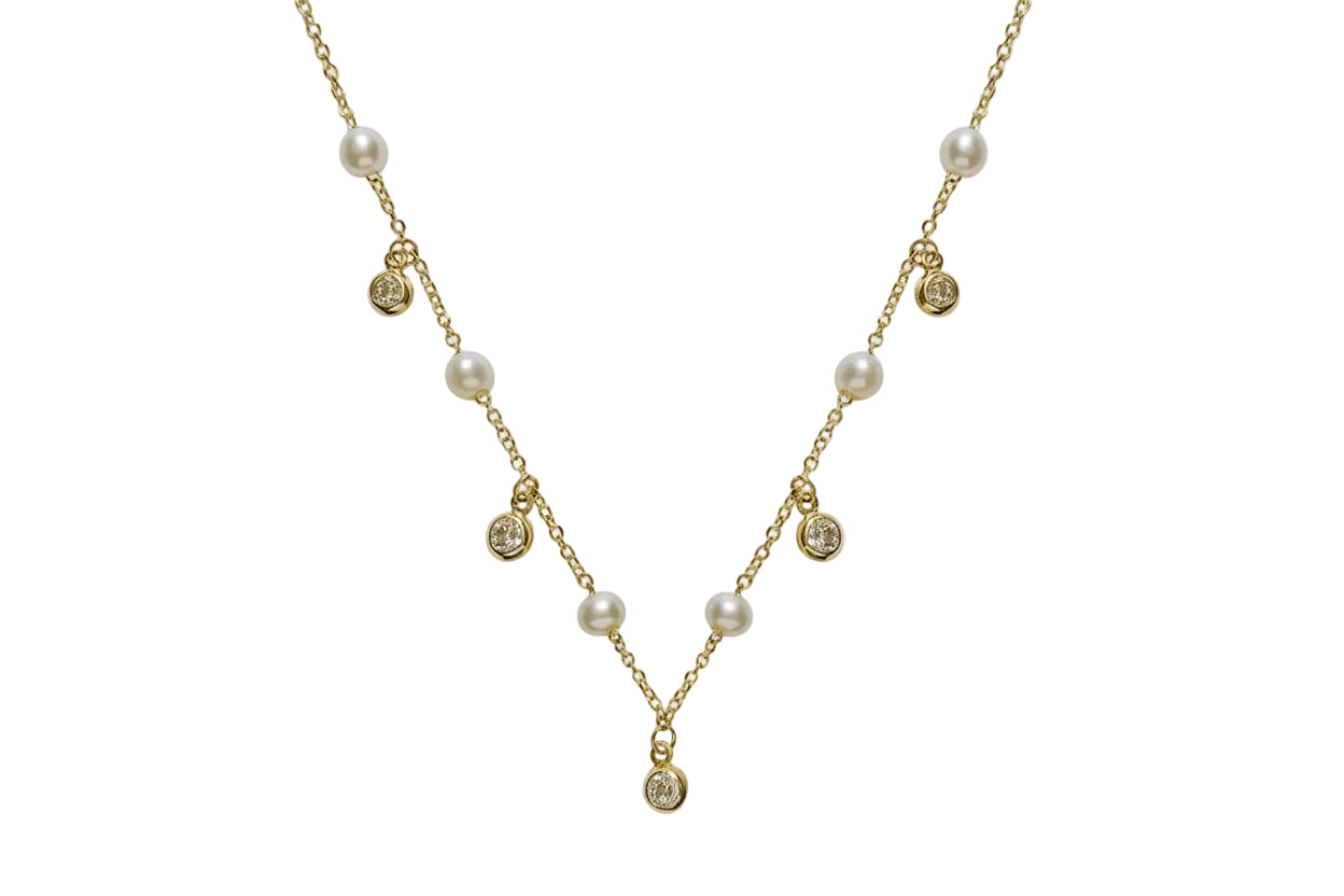 14K Gold Necklace with Small Pearls and White Solitaire Stones