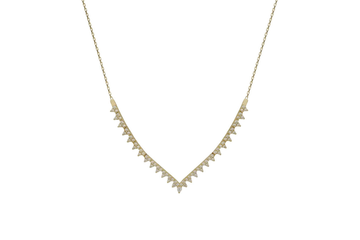14K Gold V-Shaped Necklace with White Stones