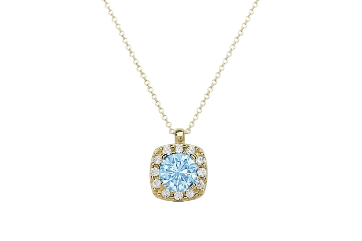 14K Gold Square Halo Necklace with Light Blue Stone