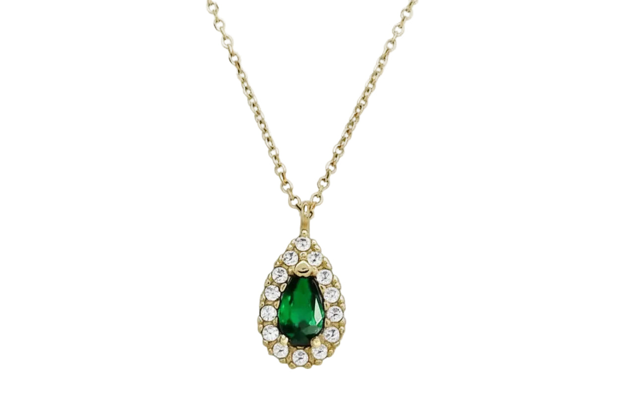 14K Gold Teardrop Halo Necklace with Green Stone