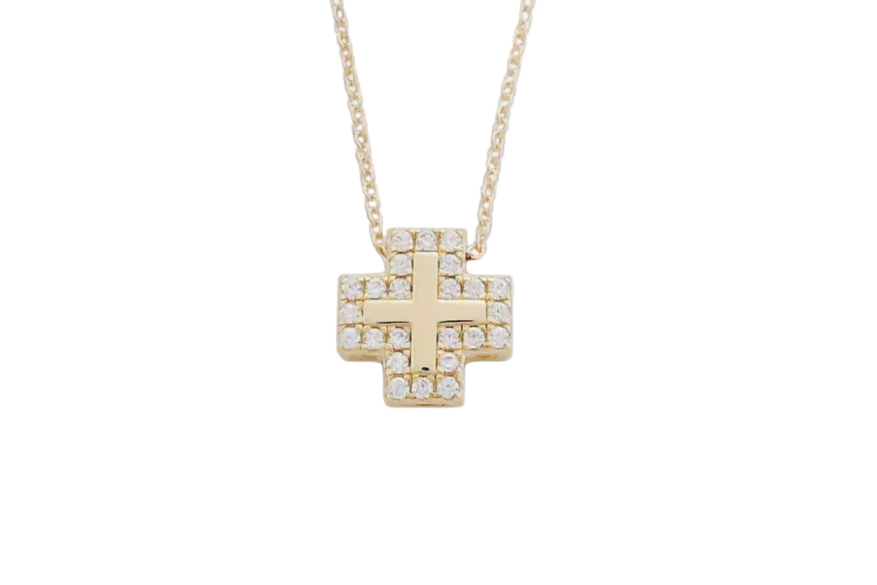 14K Polished Gold Cross Necklace with White Stones