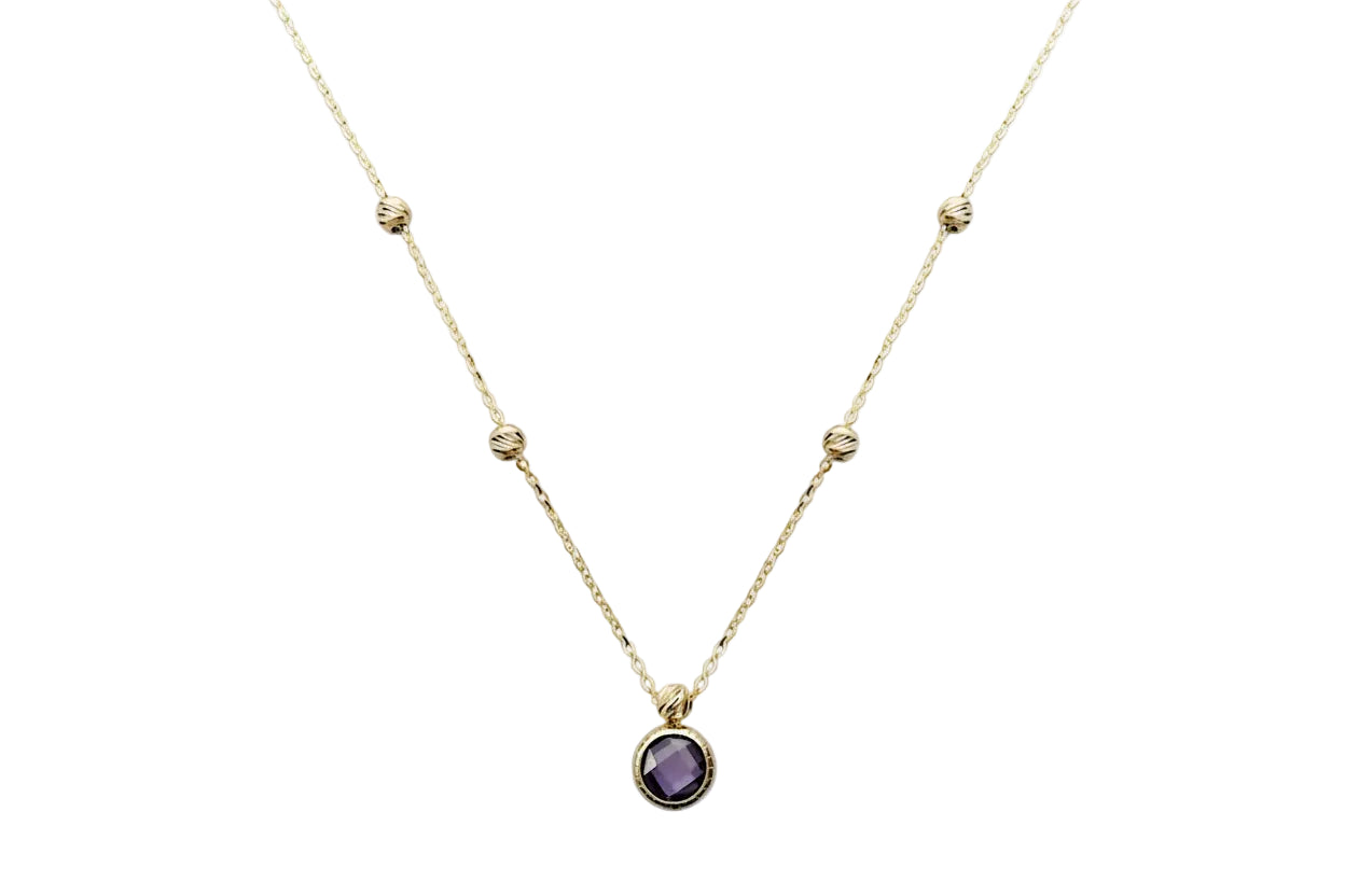 14K Gold Necklace with Round Purple Stone and Textured Beaded Accents