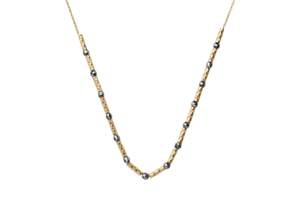 14K Gold Necklace with Diamond-Cut Beads and Bar Elements