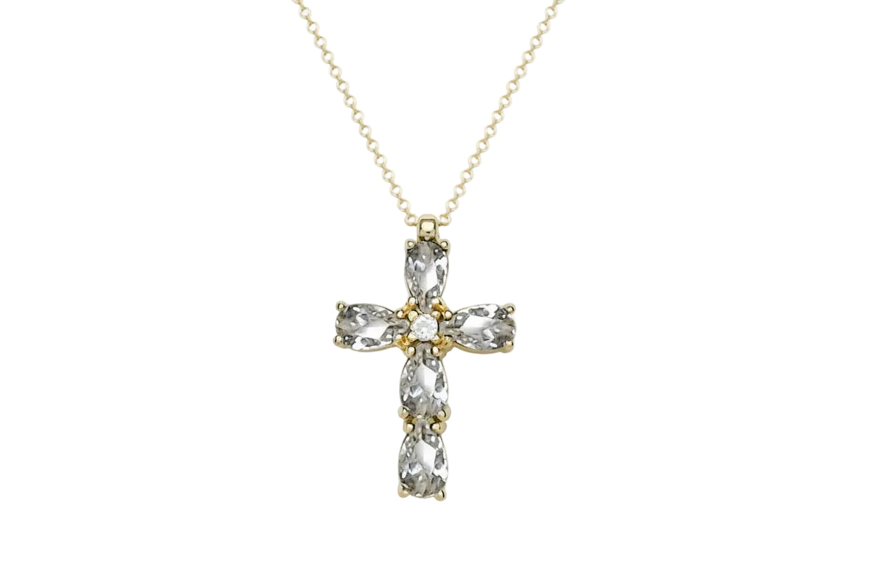 14K Gold Cross Necklace with Prong Setting