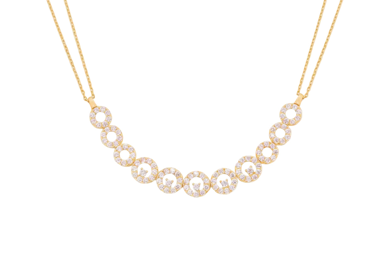 14K Gold Necklace with Circular Motifs and White Zircon Stones