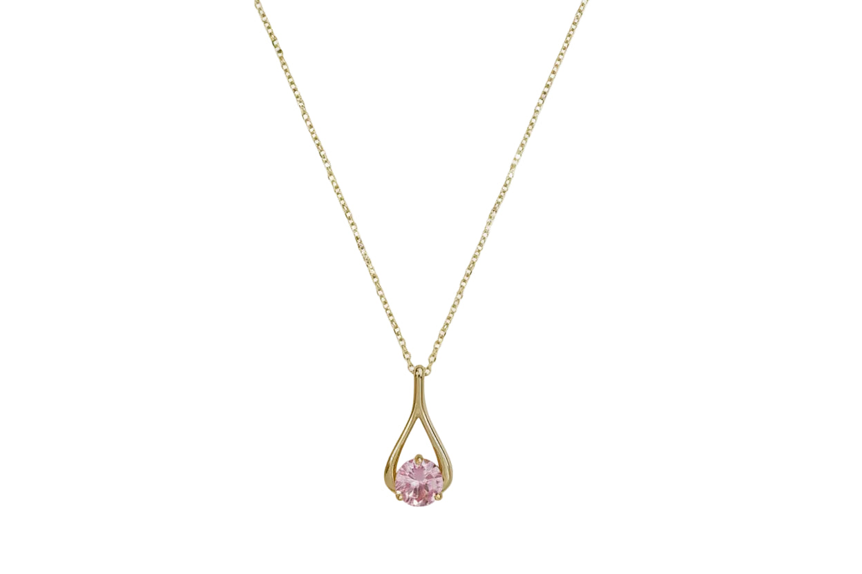 14K Polished Gold Teardrop Necklace with Pink Stone