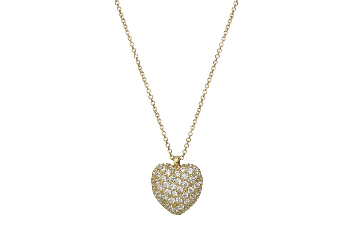 14K Gold Open Heart Necklace with White Zircon Stones