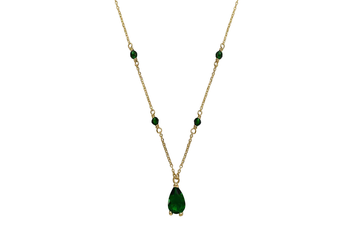 Gold Teardrop Necklace with Green Spinel Stones, 14K Gold