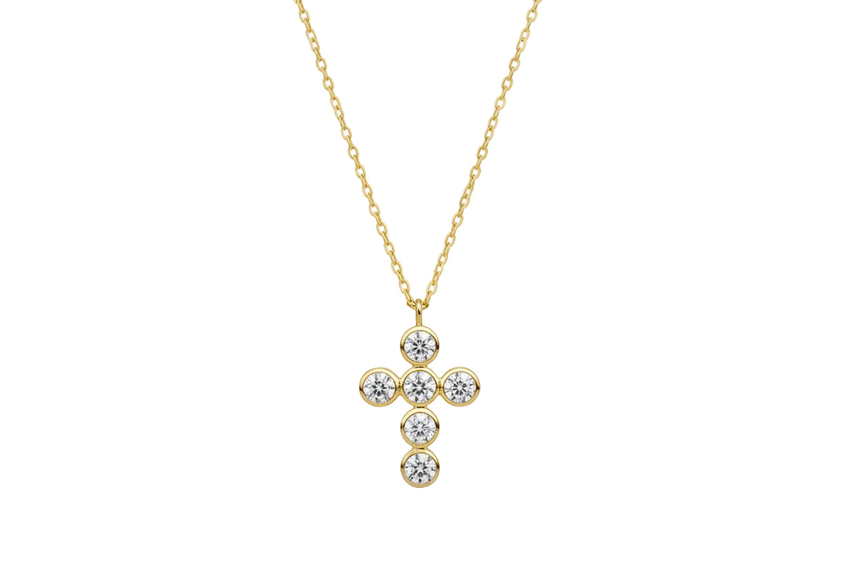 14K Gold Women’s Cross Necklace with Circular Motifs and Solitaire Zircon Stones