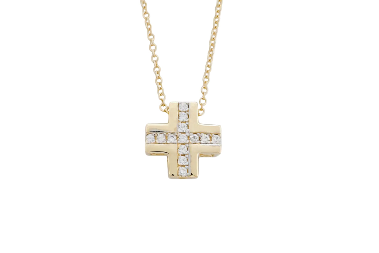 14K Polished Gold Cross Necklace with White Stones