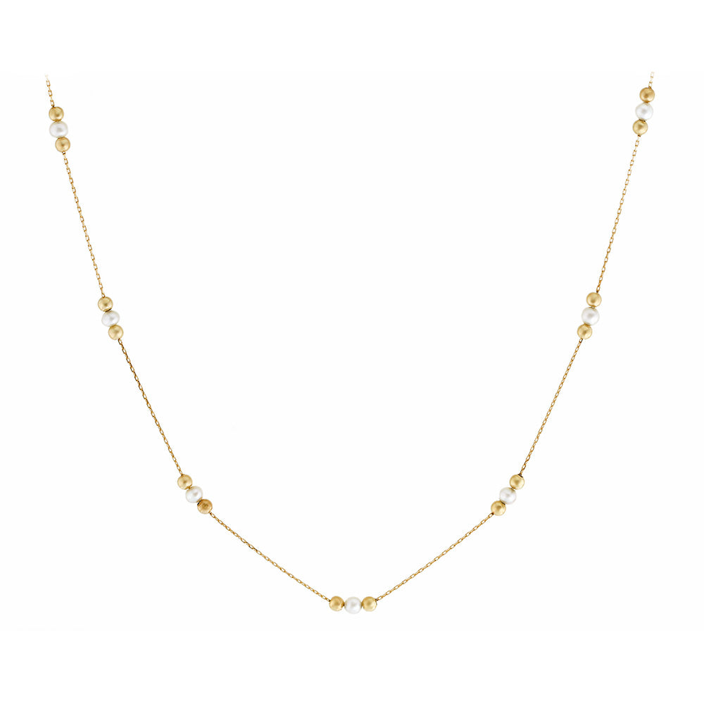 Women’s Gold Necklace with Pearls and Beads, 14K Gold