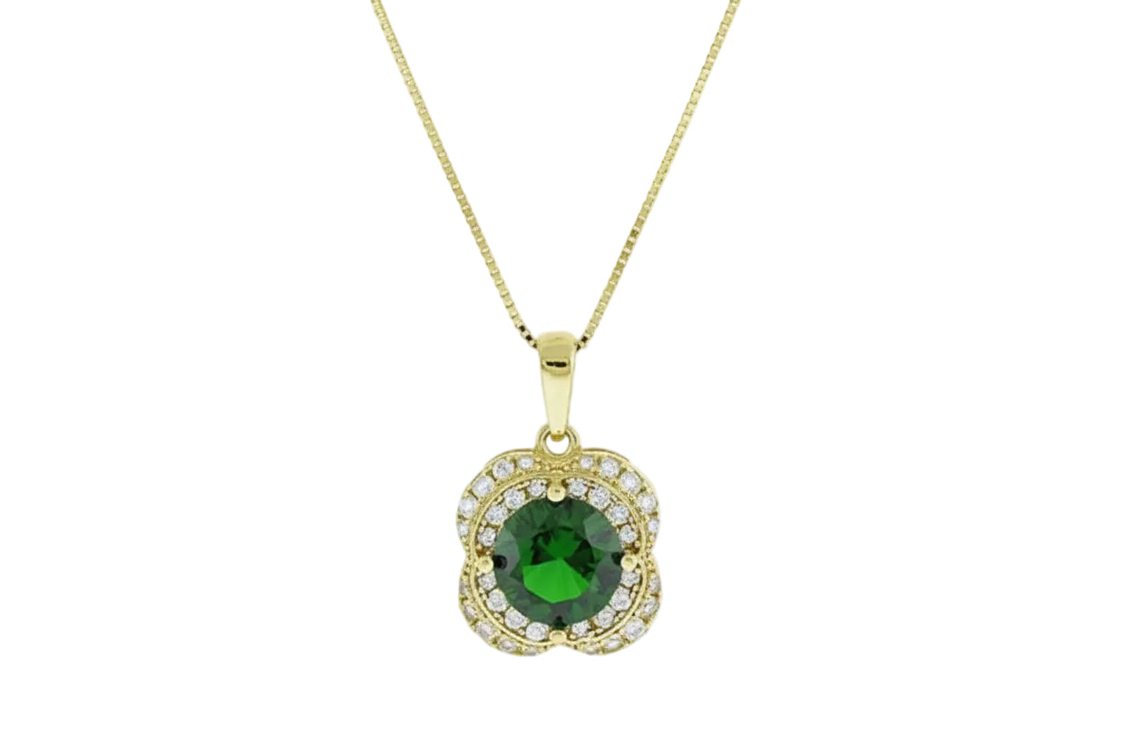 14K Gold Necklace with Hanging Green Halo Pendant and White Zircon Stones