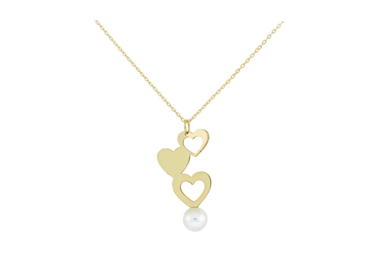 Women’s Gold Necklace with Hanging Hearts and Pearl, 14K Gold