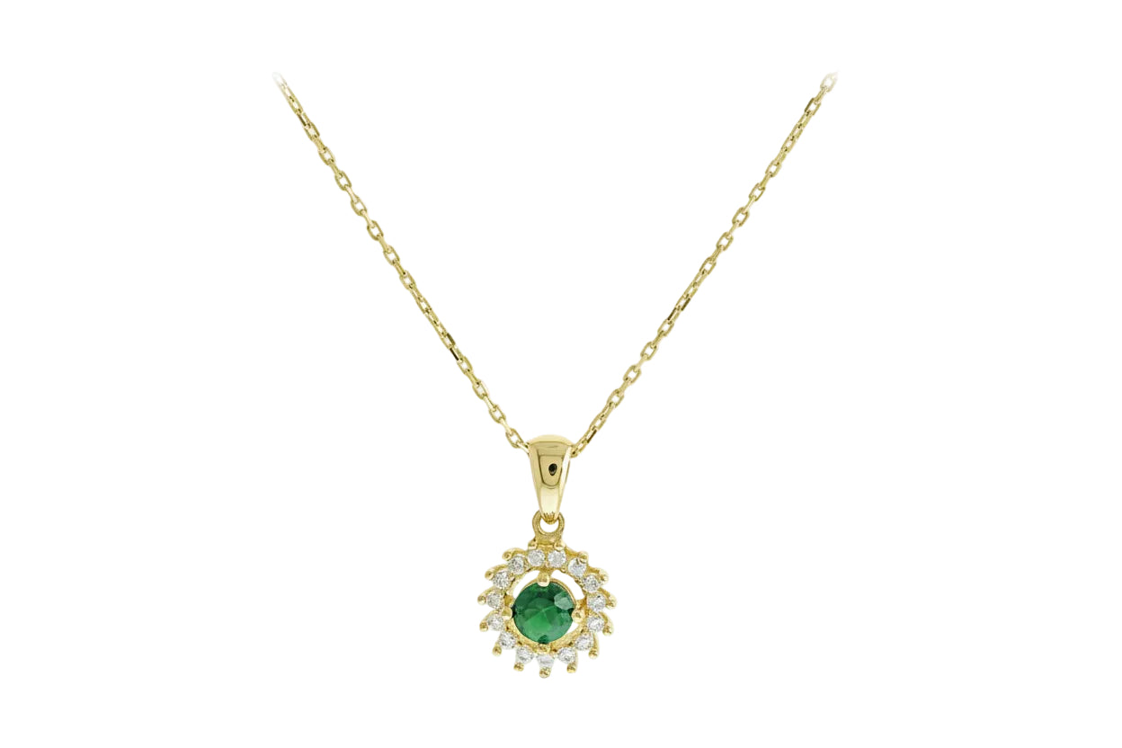 14K Gold Necklace with Hanging Green Halo Pendant Framed by White Zircon Stones