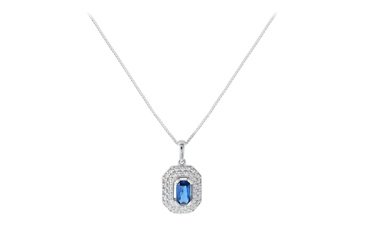 14K White Gold Necklace with Light Blue Baguette-Cut Stone and Double Row of White Zircon Stones