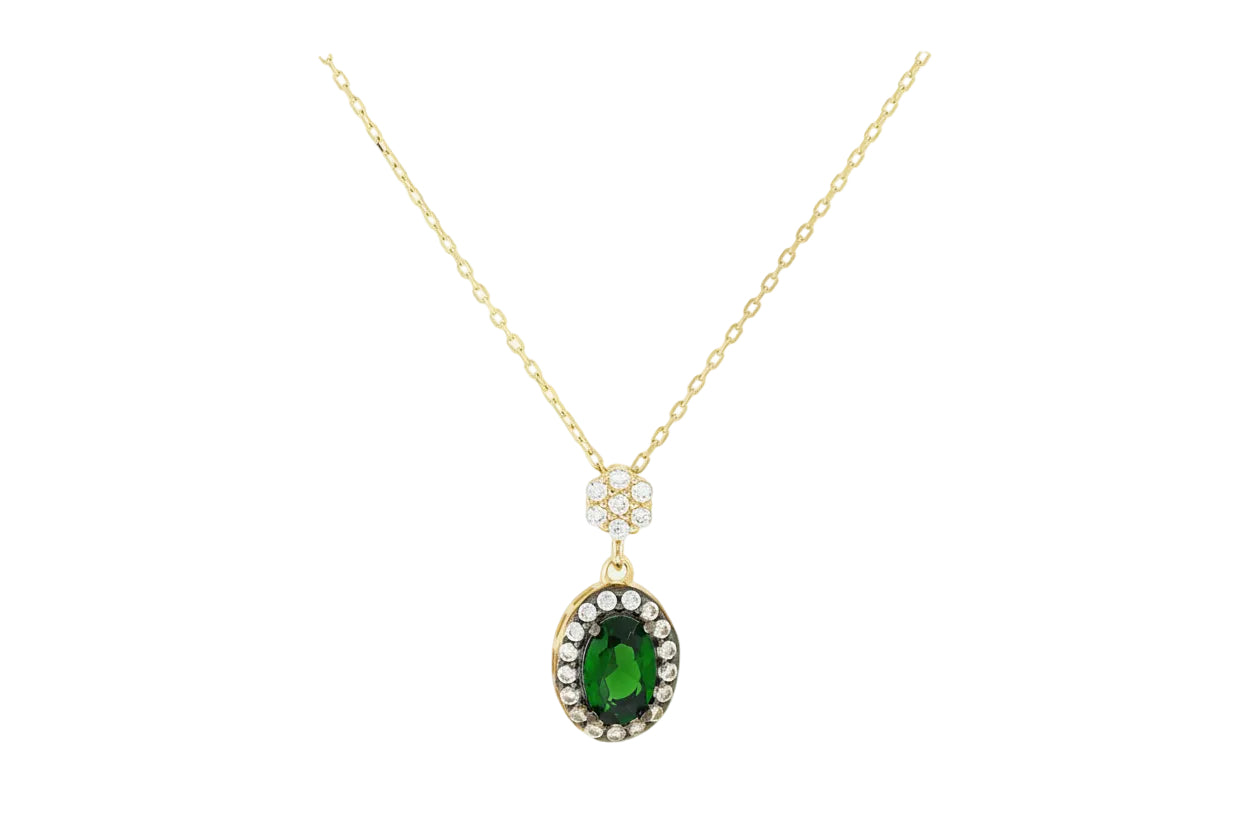 14K Gold Necklace with Green Halo and White Zircon Stones