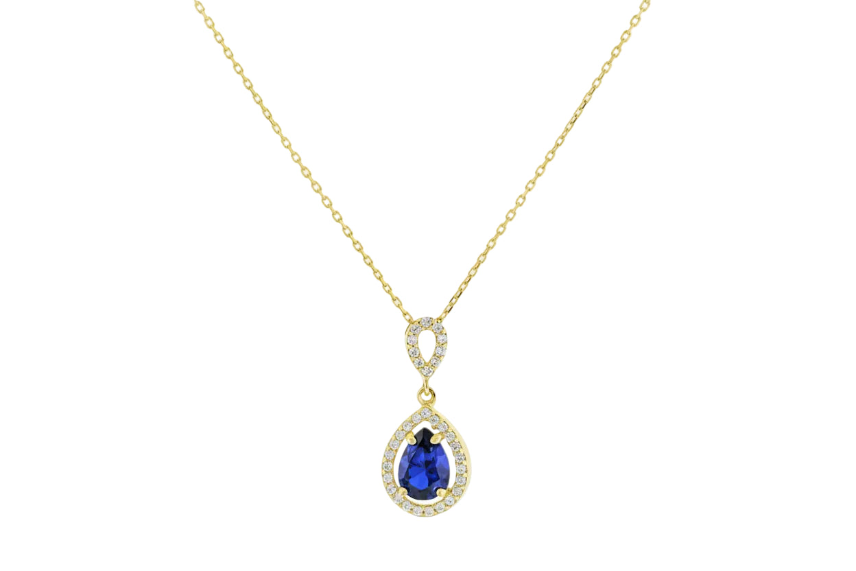 Gold Necklace with Blue Teardrop Rosette Set within a Teardrop of White Zircon, 14K Gold