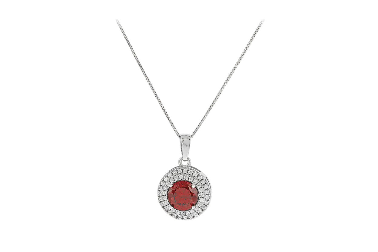 14K Gold Necklace with Red Zircon Pendant and Double Halo of White Zircon Stones