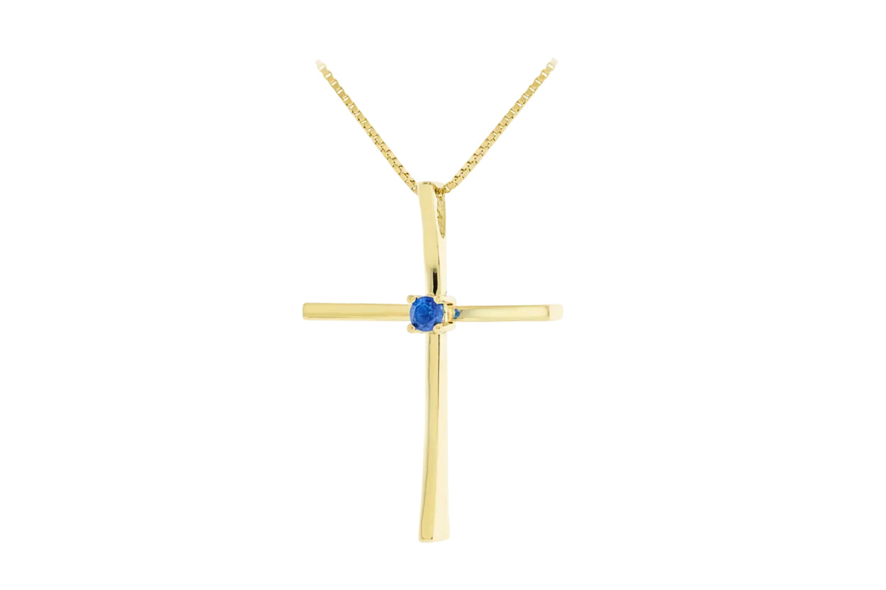 Polished Gold Cross Necklace with Blue Zircon Center, 14K Gold