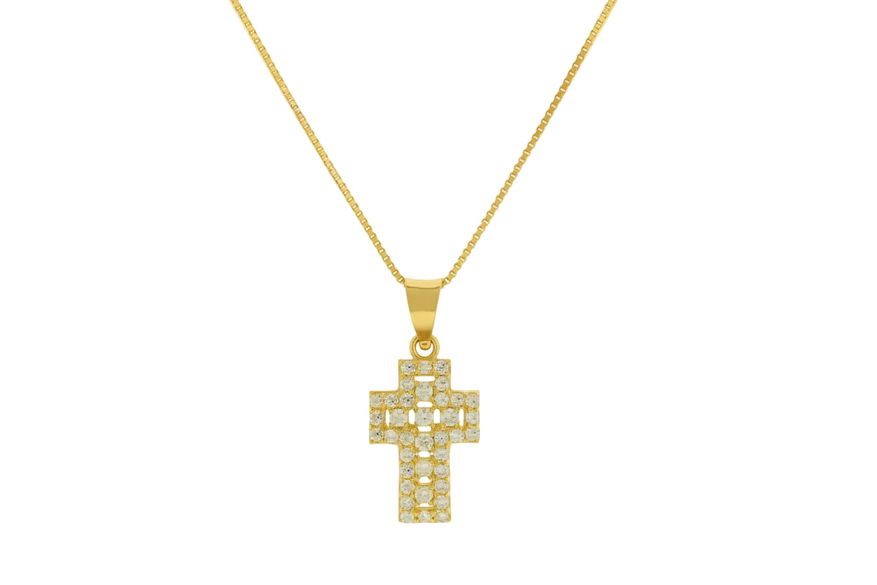 Gold Cross Necklace with White Zircon Stones, 14K Gold