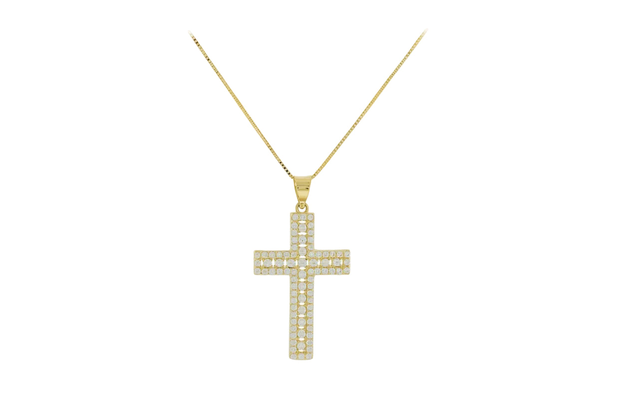 Gold Cross Necklace with White Zircon Stones, 14K Gold