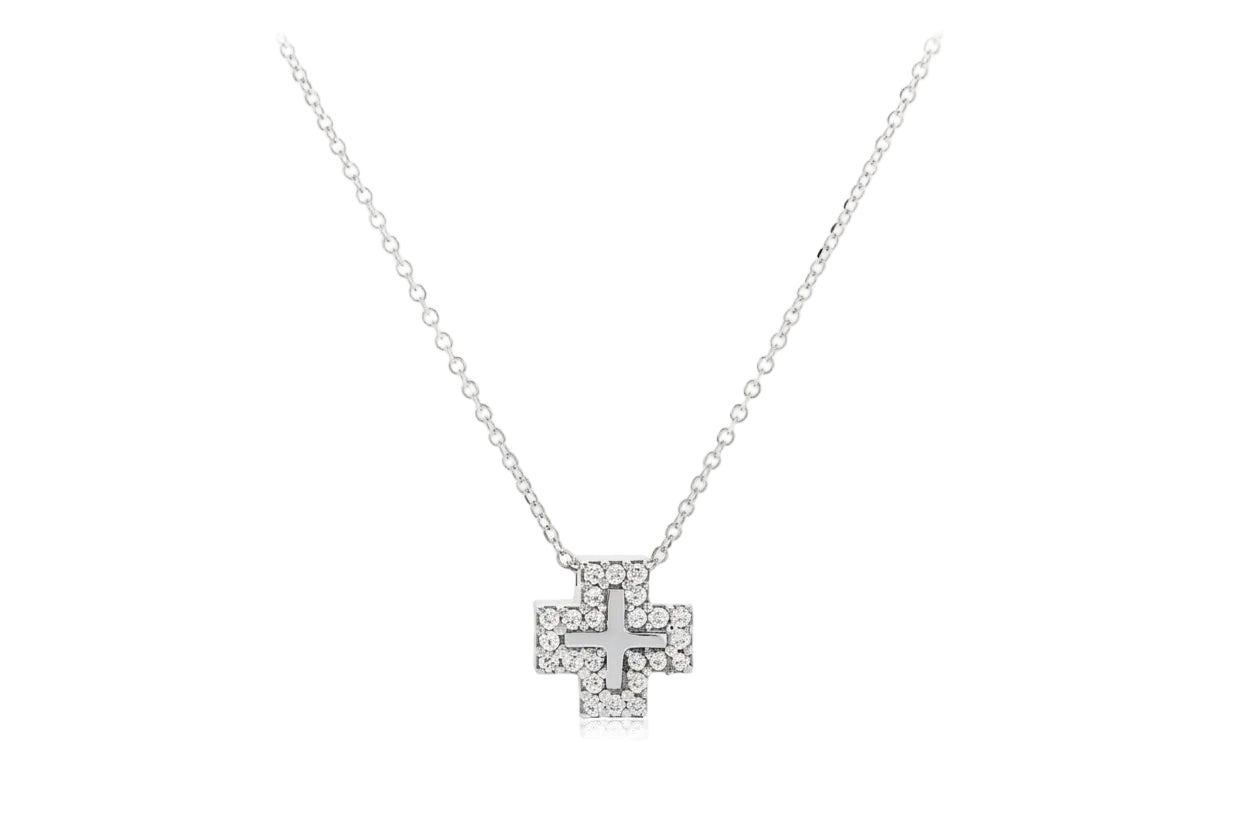 Gold Necklace with Small Polished Cross and Surrounding White Zircon, 14K Gold