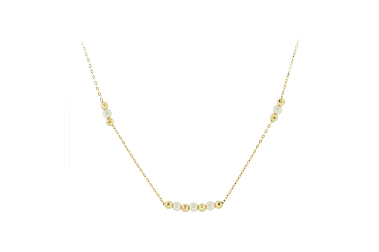 Gold Necklace with Natural Pearls and Gold Beads, 14K Gold