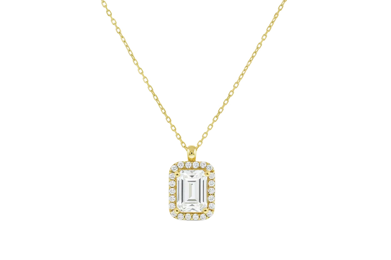 Gold Necklace with Square Rosette in a White Zircon Halo, 14K Gold