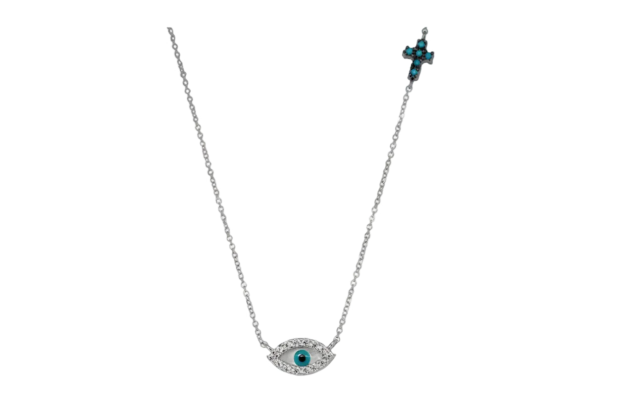 14K White Gold Evil Eye Necklace with Double-Sided Small Cross