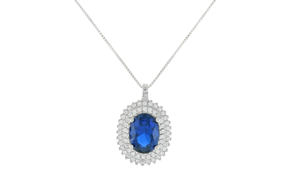 14K White Gold Necklace with Oval Light Blue Halo and Double Row of White Zircon Stones