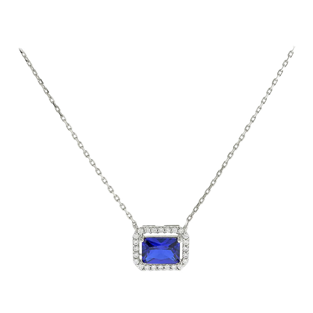 White Gold Necklace with Rectangular Blue Stone and White Zircon, 14K Gold