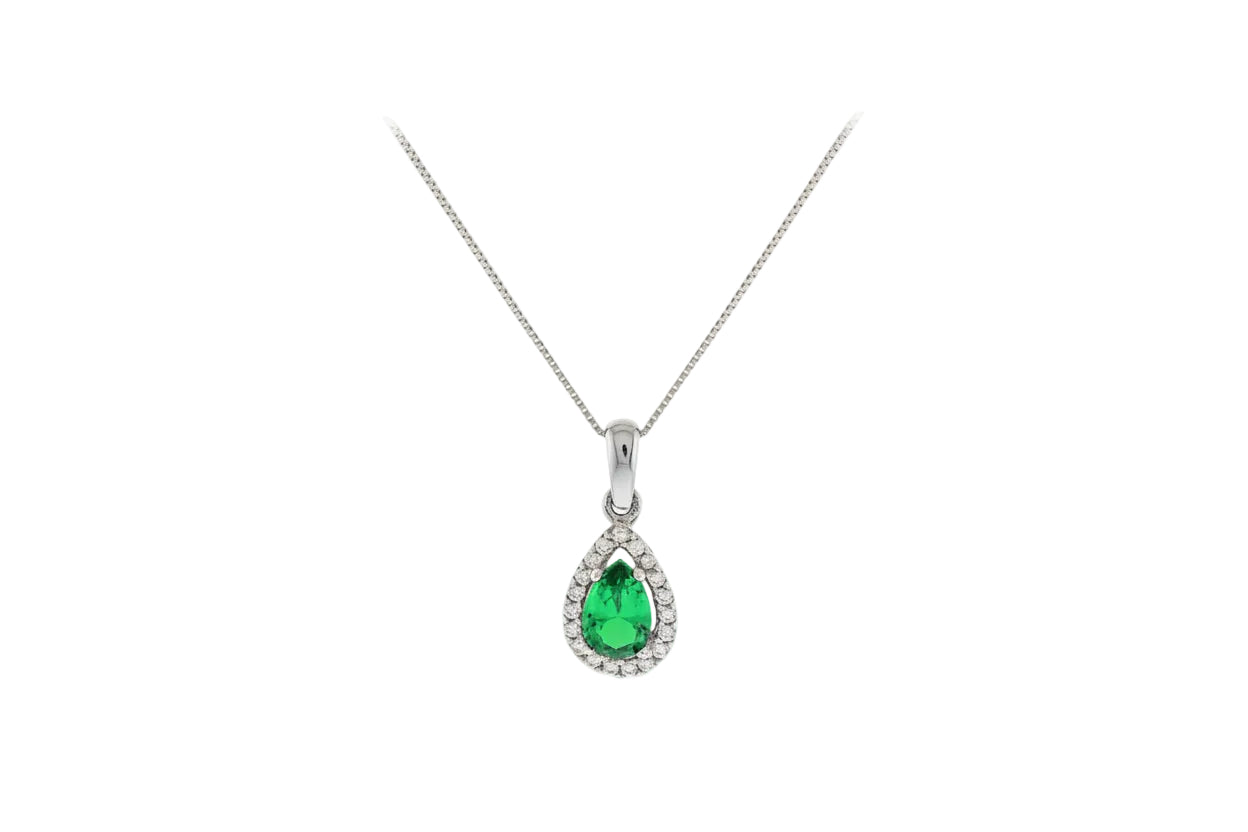 White Gold Necklace with Green Teardrop Rosette and White Zircon, 14K Gold