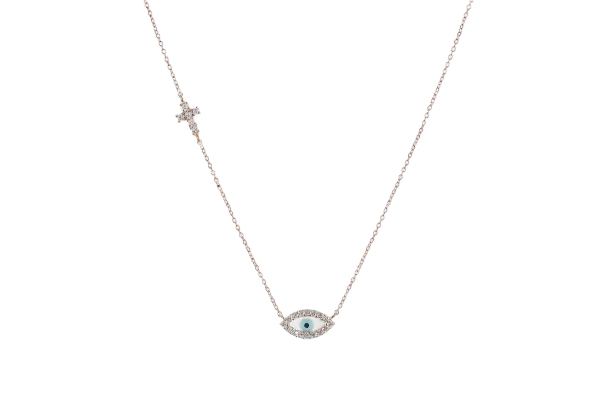 14K Gold Necklace with Evil Eye and Cross
