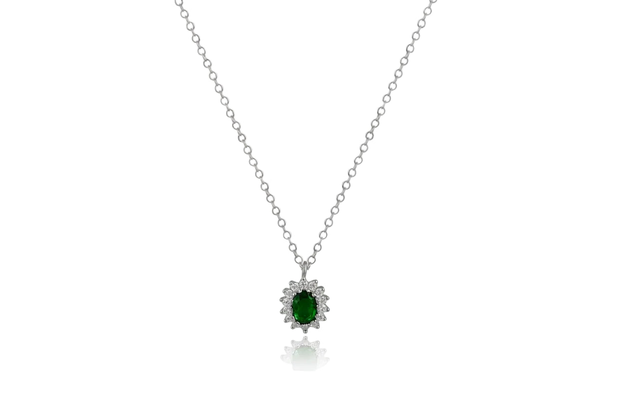 Silver Rosette Necklace with Green Oval Stone and White Zircon Stones, 925 Sterling Silver