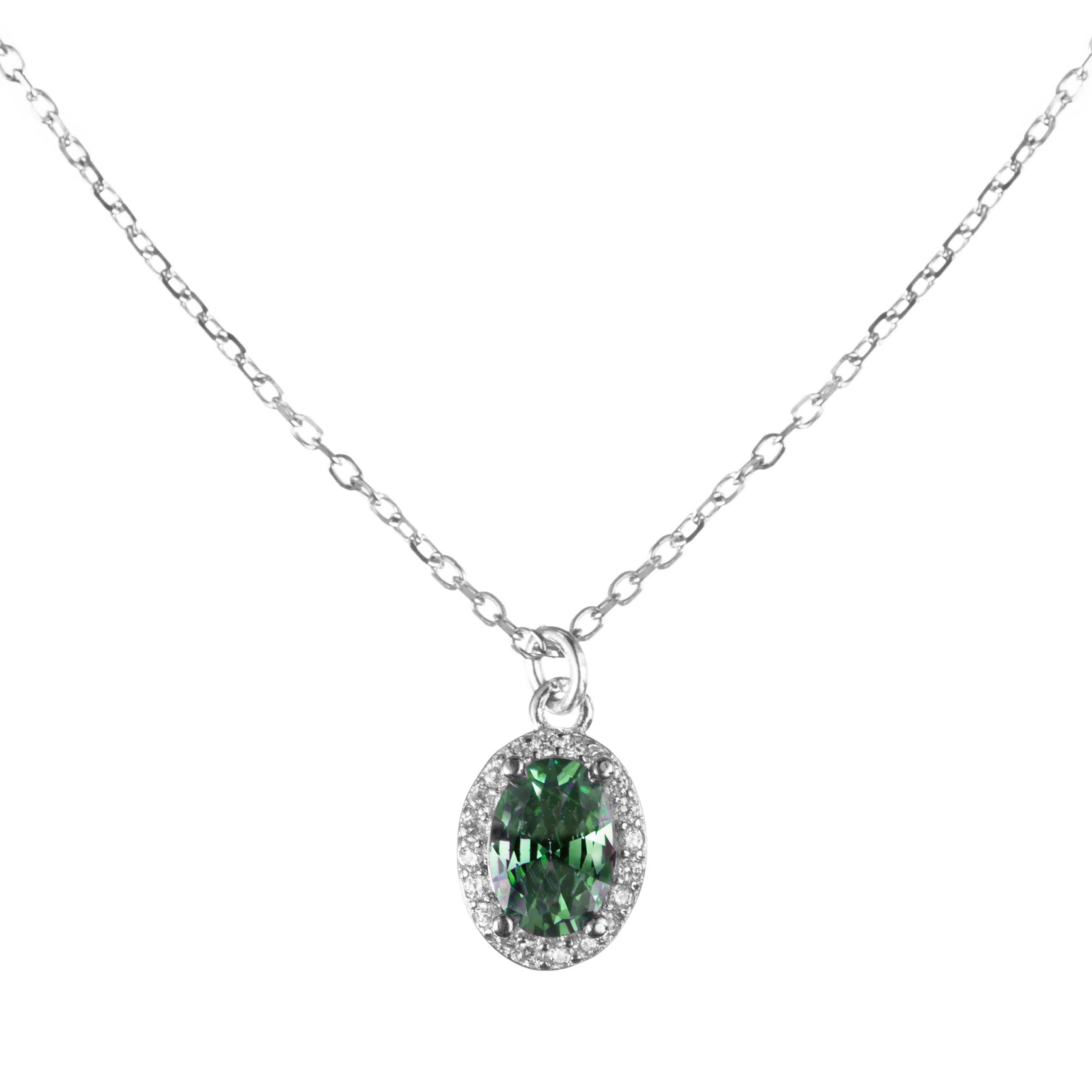 Sterling Silver Necklace with Central Green or Purple Zircon Stone, 925 Silver