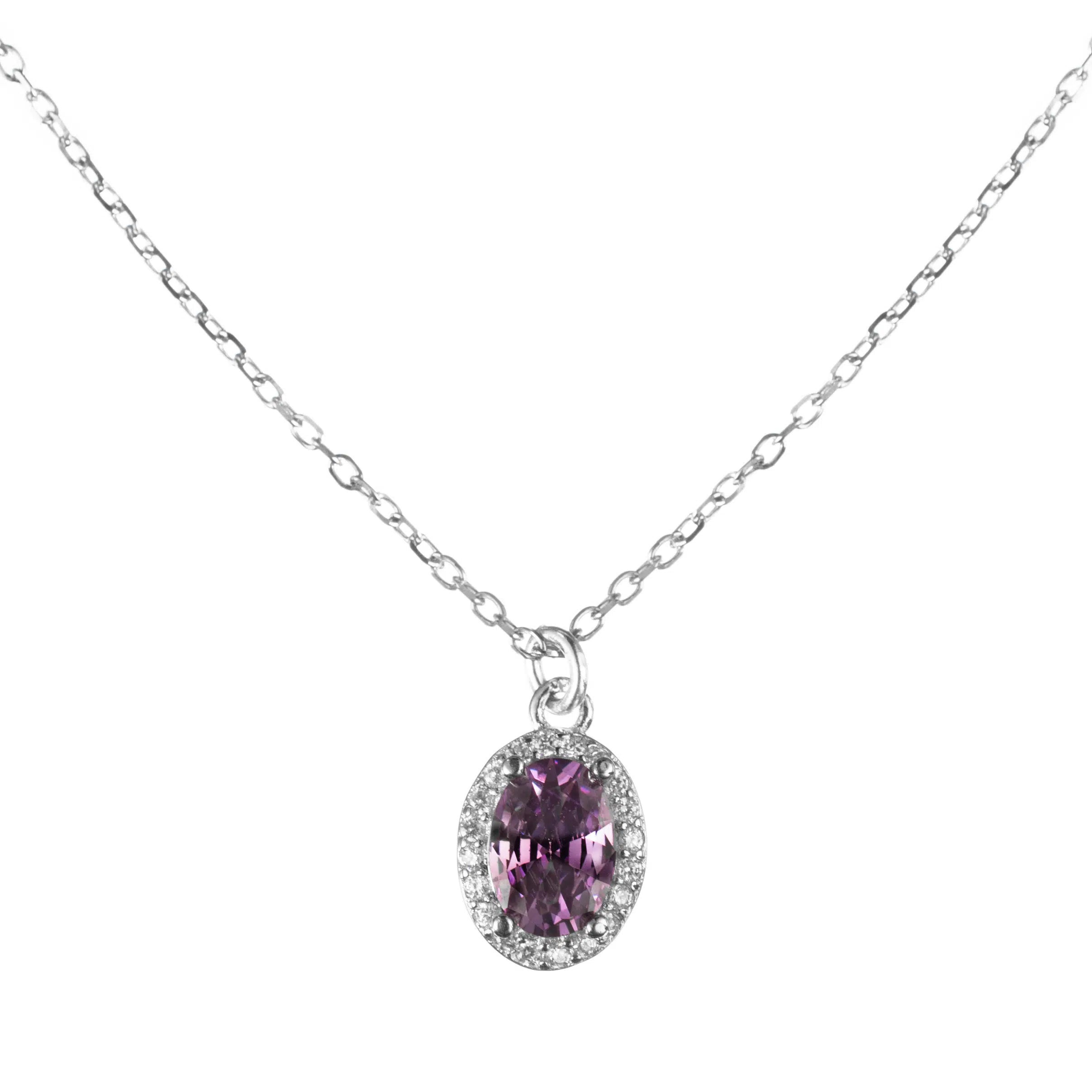 Sterling Silver Necklace with Central Green or Purple Zircon Stone, 925 Silver