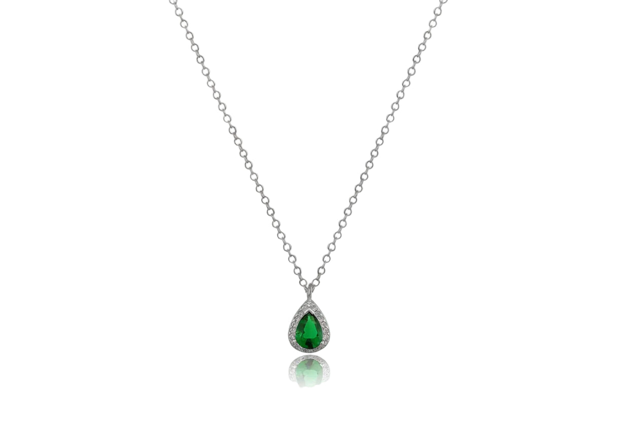 Silver Teardrop Rosette Necklace with Green Zircon, 925 Sterling Silver