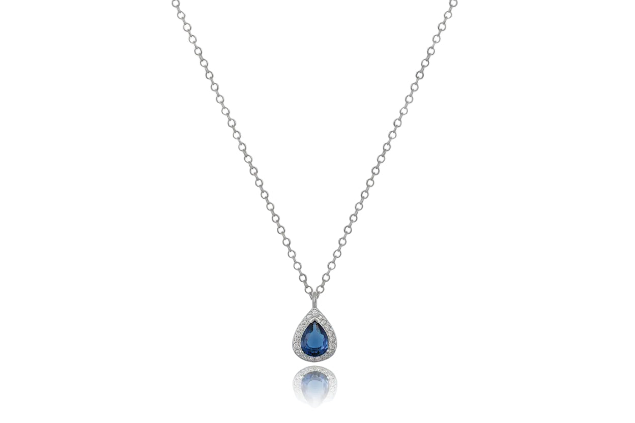 Silver Teardrop Rosette Necklace with Blue Zircon, 925 Sterling Silver