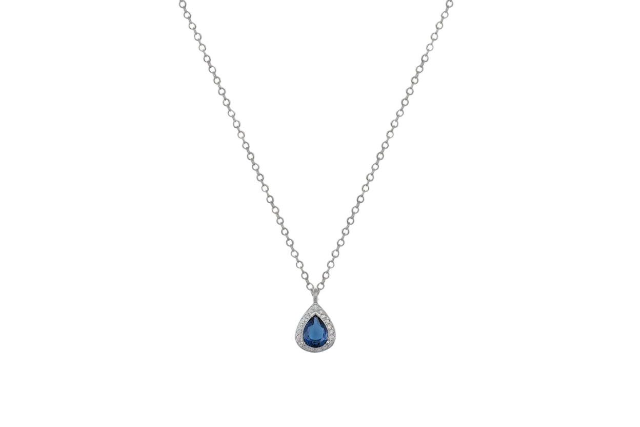 Sterling Silver Teardrop Rosette Necklace with Blue Zircon, 925 Silver