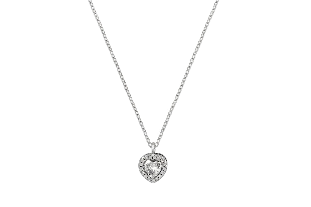 Silver Heart Necklace with White Zircon, 925 Sterling Silver