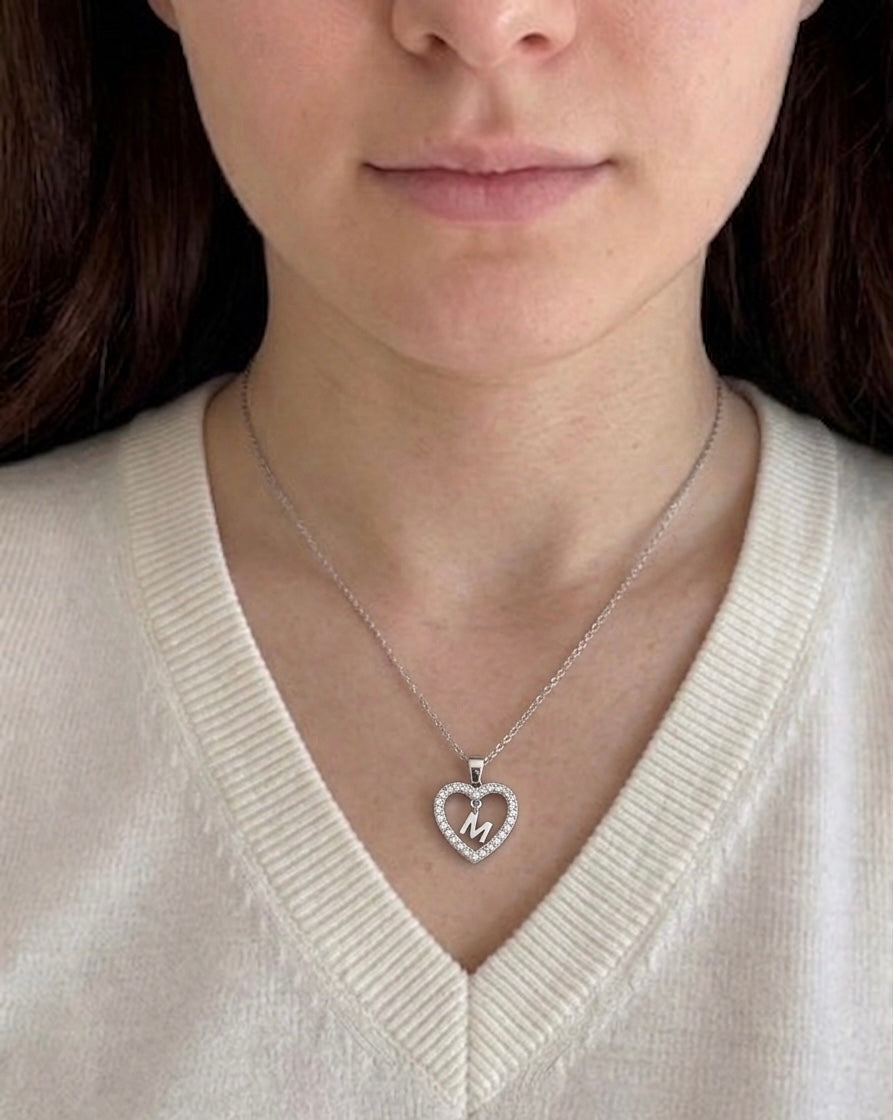 Women’s 925 Sterling Silver Initial Heart Pendant Necklace, Available in any letter upon request