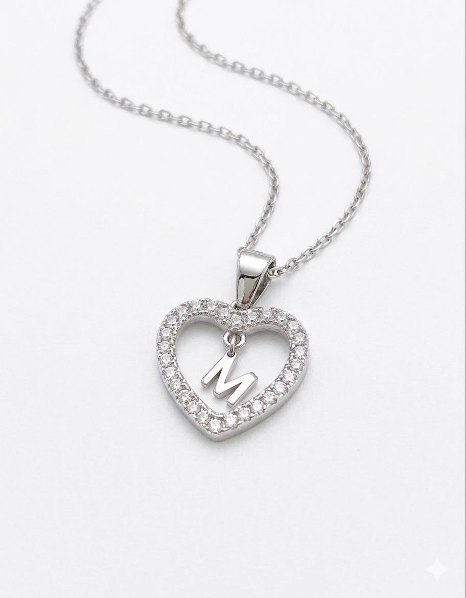 Women’s 925 Sterling Silver Initial Heart Pendant Necklace, Available in any letter upon request