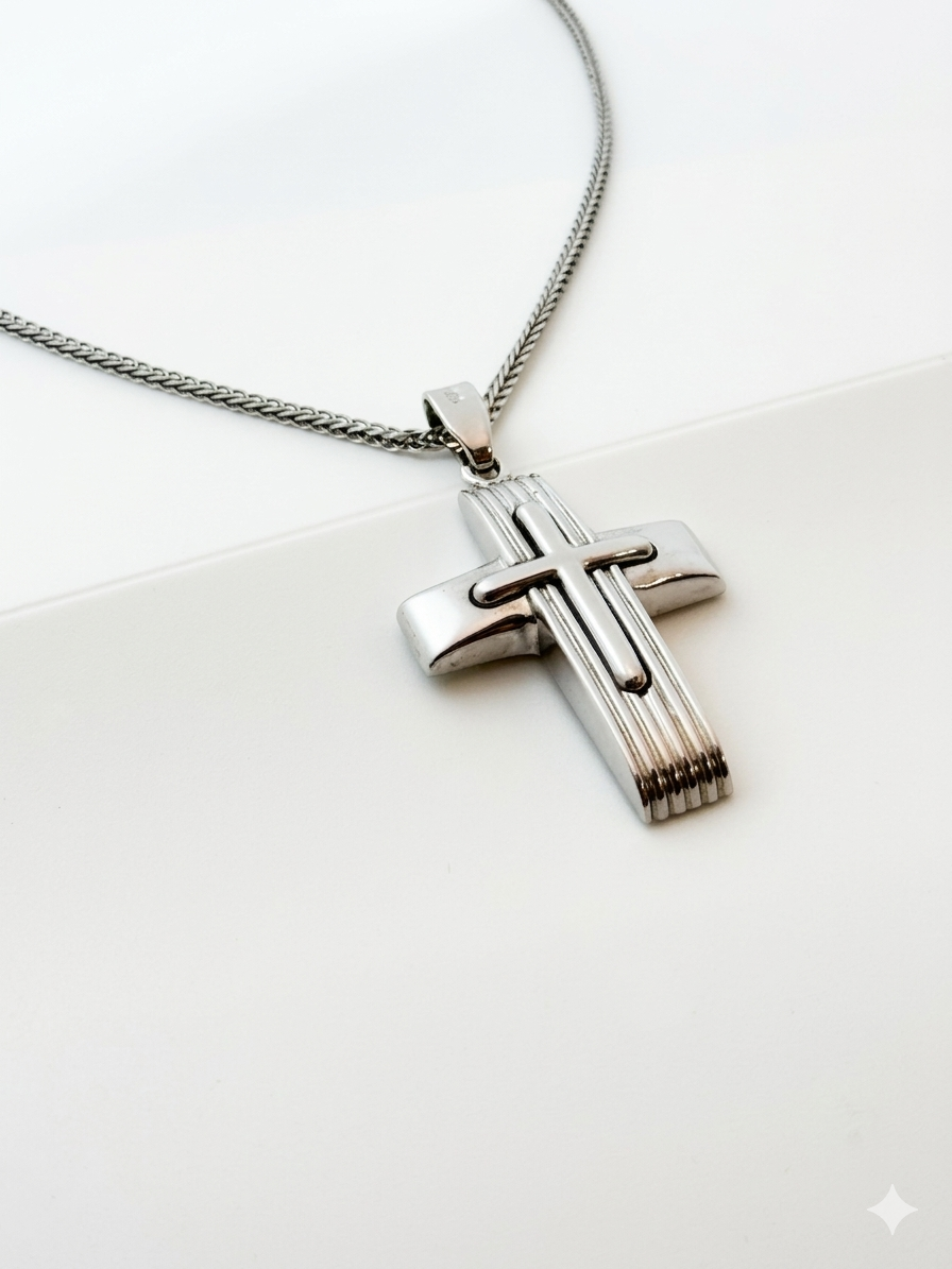 Men’s Architectural 925 Sterling Silver Layered Cross Necklace with Textured Finish