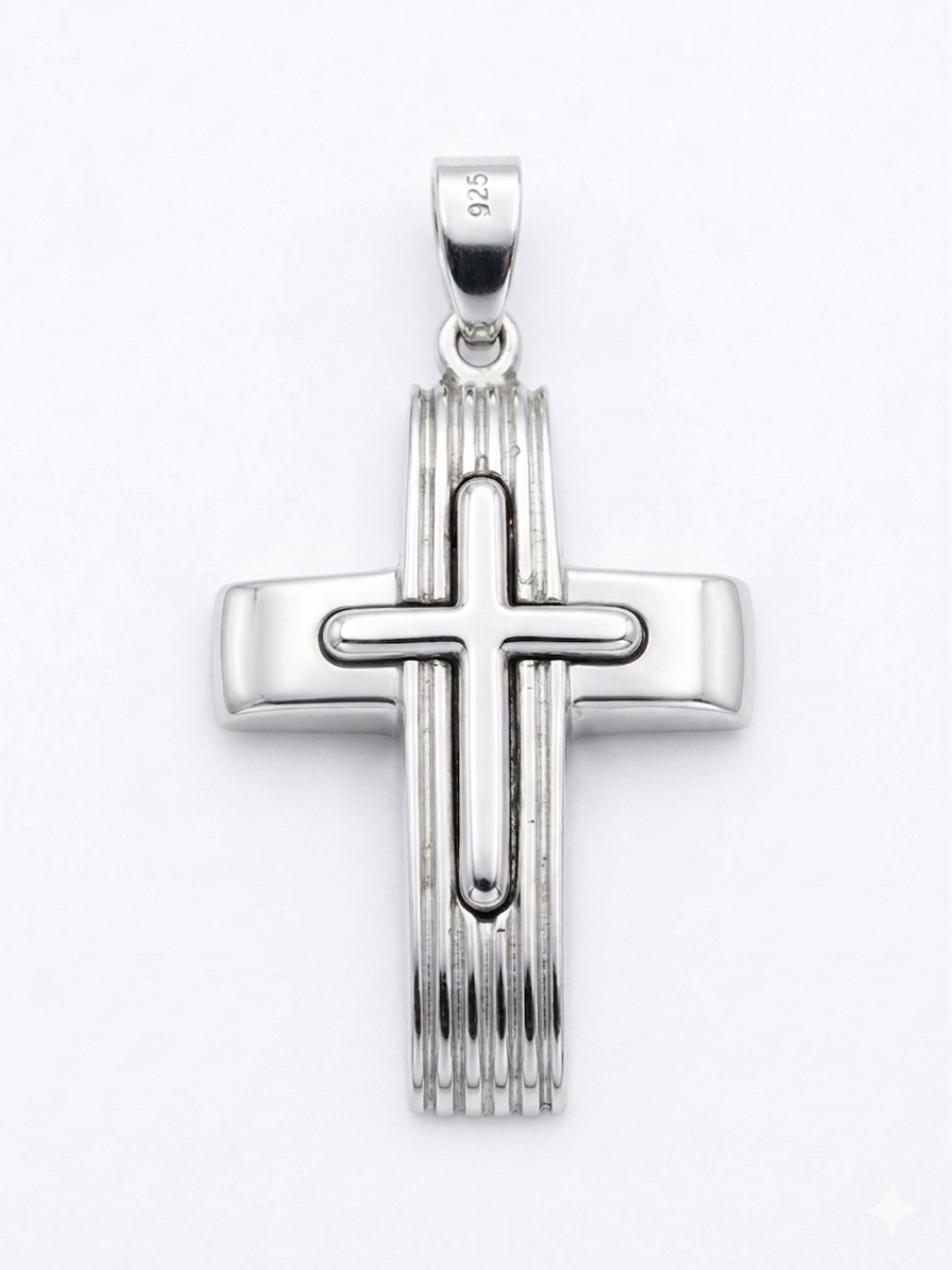 Men’s Architectural 925 Sterling Silver Layered Cross Necklace with Textured Finish