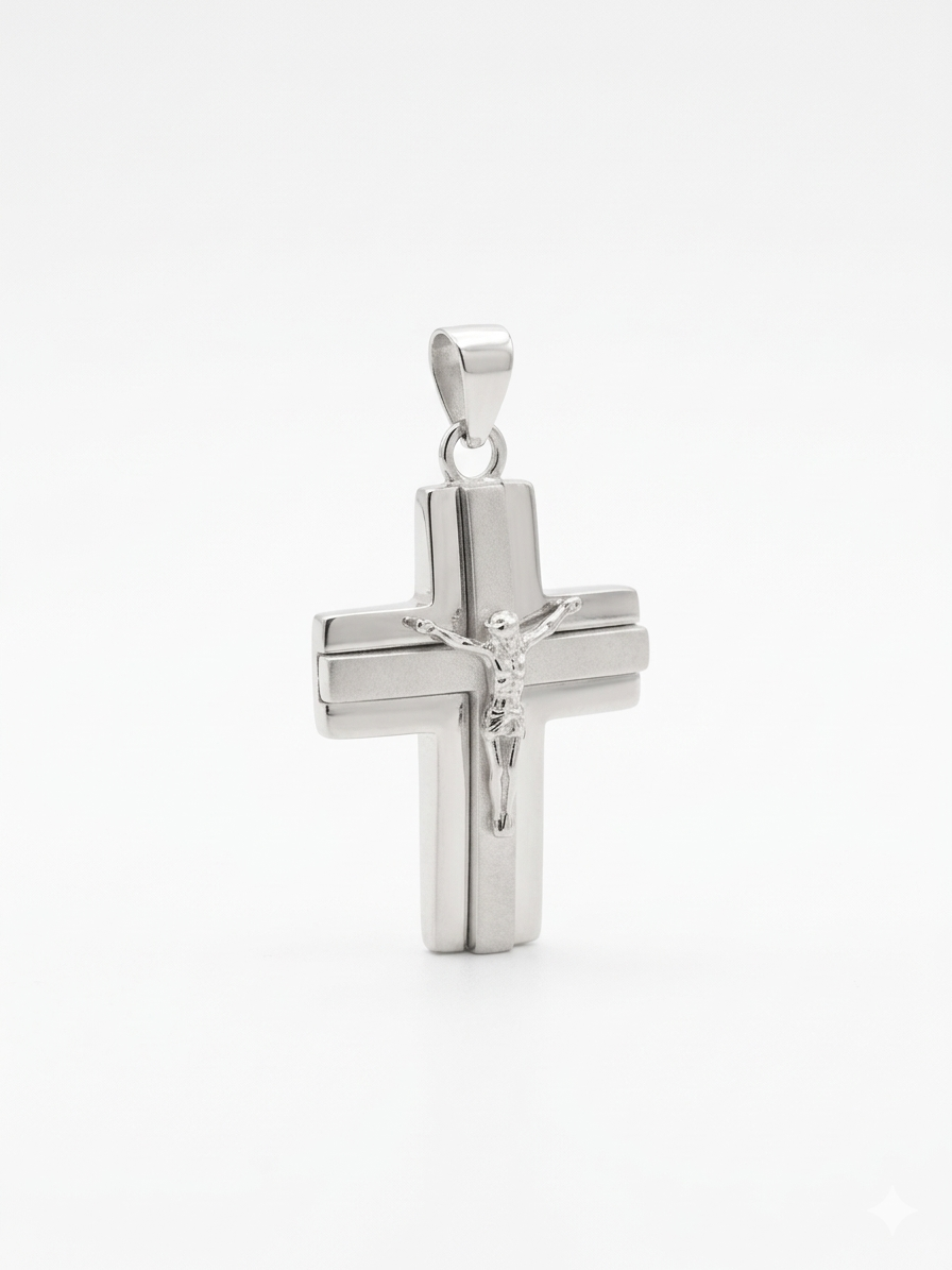Men’s Architectural 925 Sterling Silver Crucifix Necklace with Curb Chain