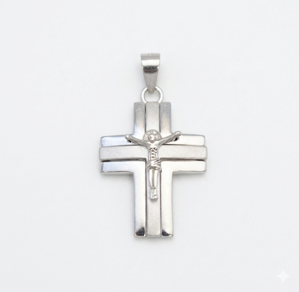 Men’s Architectural 925 Sterling Silver Crucifix Necklace with Curb Chain